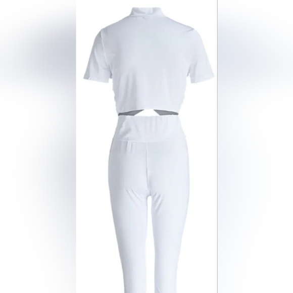 White Solid Split Joint O Neck Short Sleeve Two Pieces - Picture 4 of 4